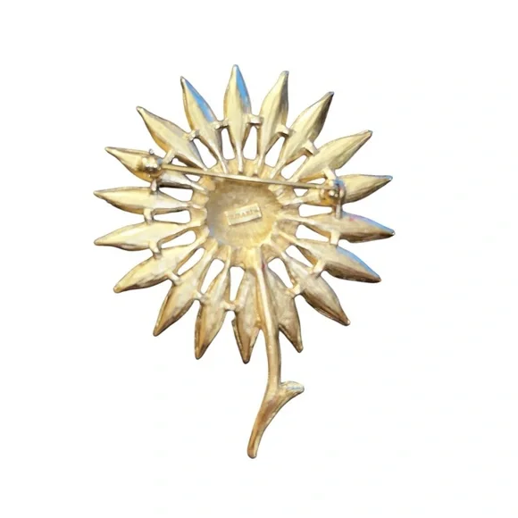 Trifari Sunflower Brooch With Center Rhinestones Gold Tone Signed Luxury Elegant